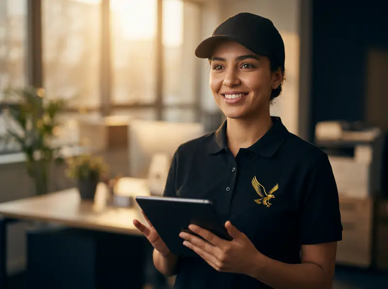 Una empleada sonriente usa una tableta en una oficina