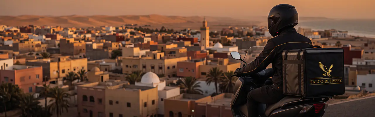 Repartidor de FALCO en su scooter con vistas a El Aaiún al atardecer