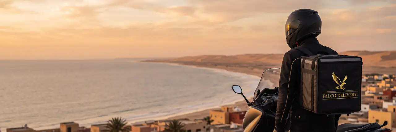 Repartidor de FALCO frente a la playa de Foum El Oued, cerca de El Aaiún, al atardecer