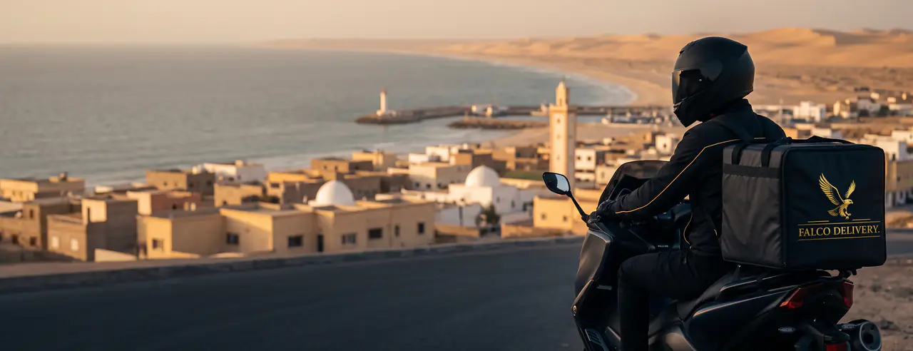 Repartidor de FALCO en una carretera costera sobre el puerto de Foum El Oued al atardecer