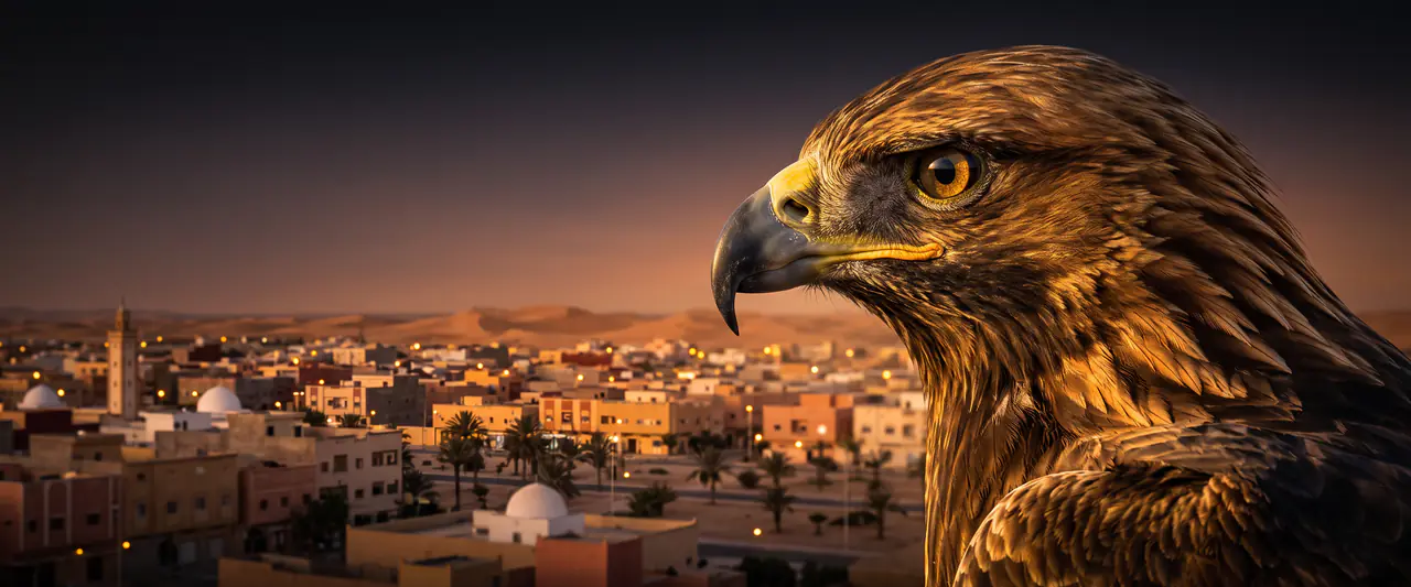 Primer plano de un halcón dorado que domina El Aaiún al atardecer