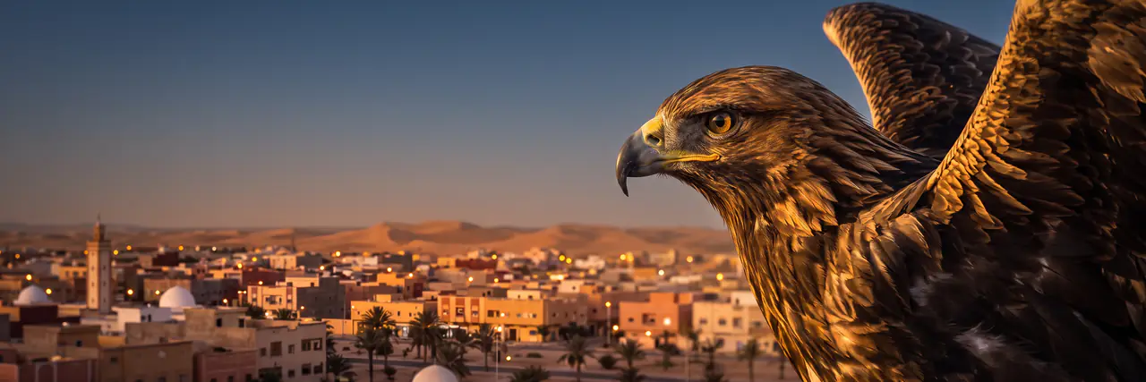 Halcón dorado con las alas extendidas frente a las luces de El Aaiún al anochecer