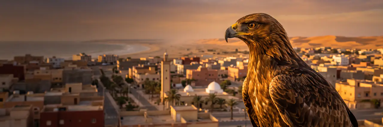 Faucon doré dominant Laâyoune et sa côte au coucher du soleil